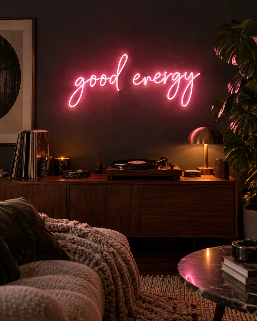 Illustrative room concept with a pink good energy neon sign